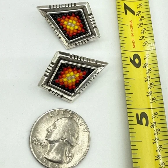 Designer Navajo Southwestern Sterling Silver Beaded Diamond Earrings Vintage 12g - Picture 5 of 9
